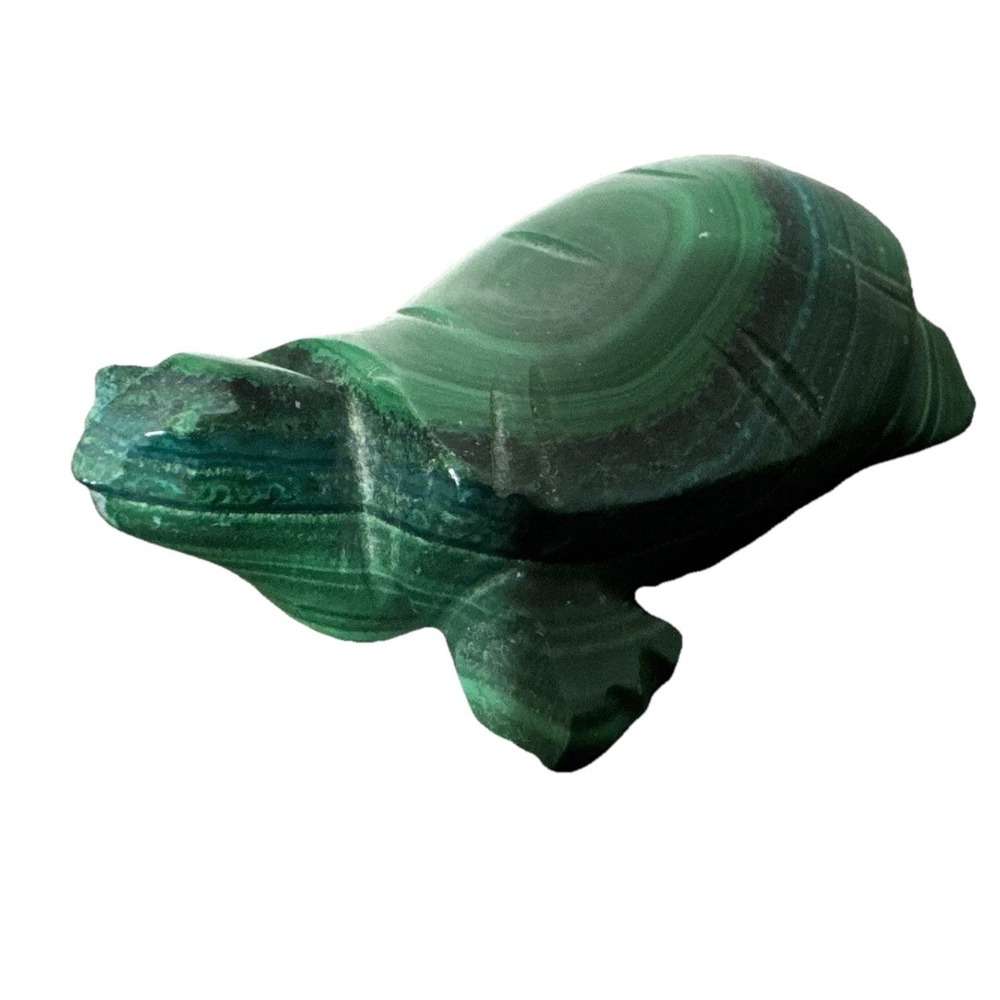Vintage Hand Carved Malachite Turtle Figurine Zaire Green Banded Stone Sculpture